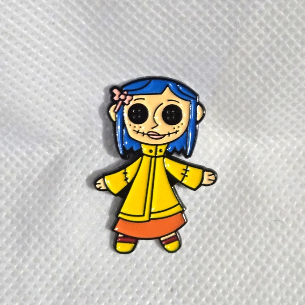 🍒🍒 Coraline Enamel Pin with Blue Hair and Yellow Coat